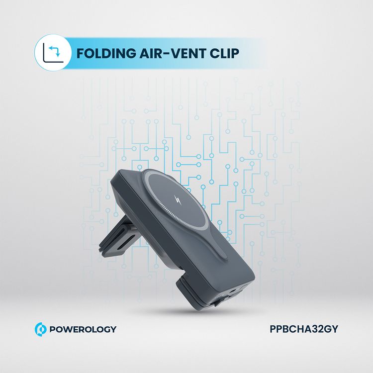Powerology Car Mount 5000mAh Power Bank with Magnetic Wireless Charger, MagSafe Charging, PD 20W Fast Charge, Folding Air-Vent Clip, LED Indicator, Built-In Type-C Cable, Lightweight & Portable - Gray 