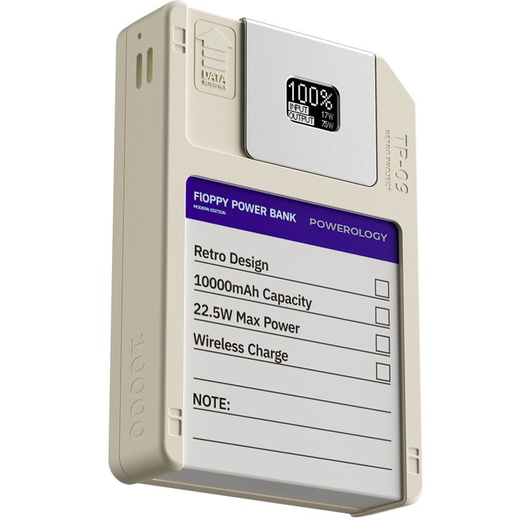 Powerology Floppydisk Retro 10000mAh MagSafe Powerbank with OLED Display Screen, Multi-Protocol Fast Charging, Universal Compatibility, 64GB Storage Capacity, High-Speed Data Storage, Fire-Resistant PC Material - White