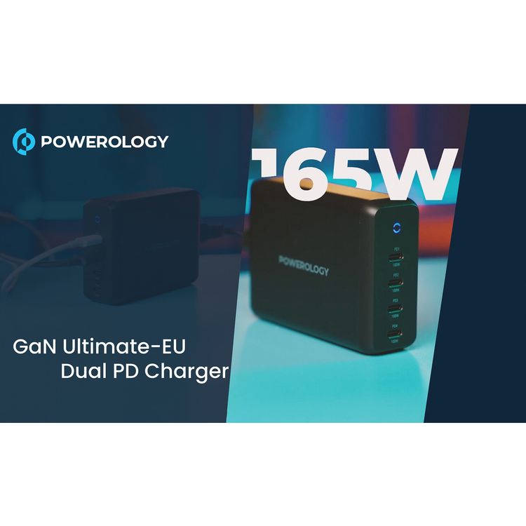 Powerology 165W GaN Desktop Charger with 4 USB-C PD Ports, Overload Protection, 100W Power Delivery, UK 3-pin Plug, 0%-60% Charge in 35 Minutes - Black