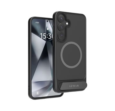 Levelo Matteo Case with Built-in Kickstand for Samsung Galaxy S25 Plus, Impact-Resistant Corners, MagSafe Compatible, Anti-Fingerprint, TPU & PC Material - Black