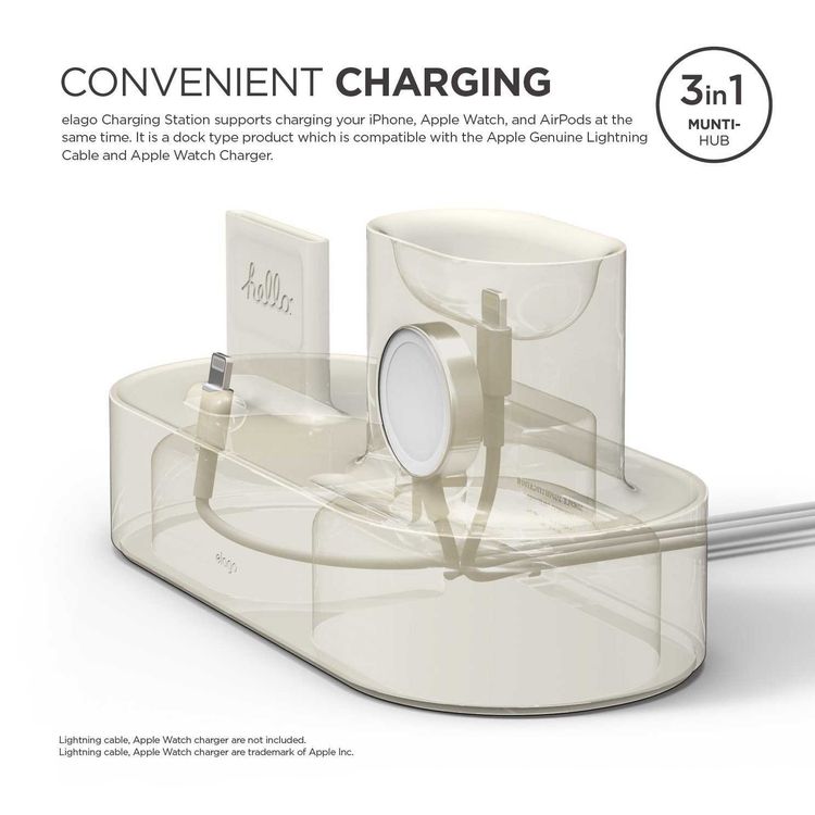 Elago 3 in 1 Silicone Charging Hub Case, Charging Dock Cover with Cable Management Compatible for All Apple Watch Series, AirPods 1 & 2, and iPhone X, XS, XS Max, XR - Classic White