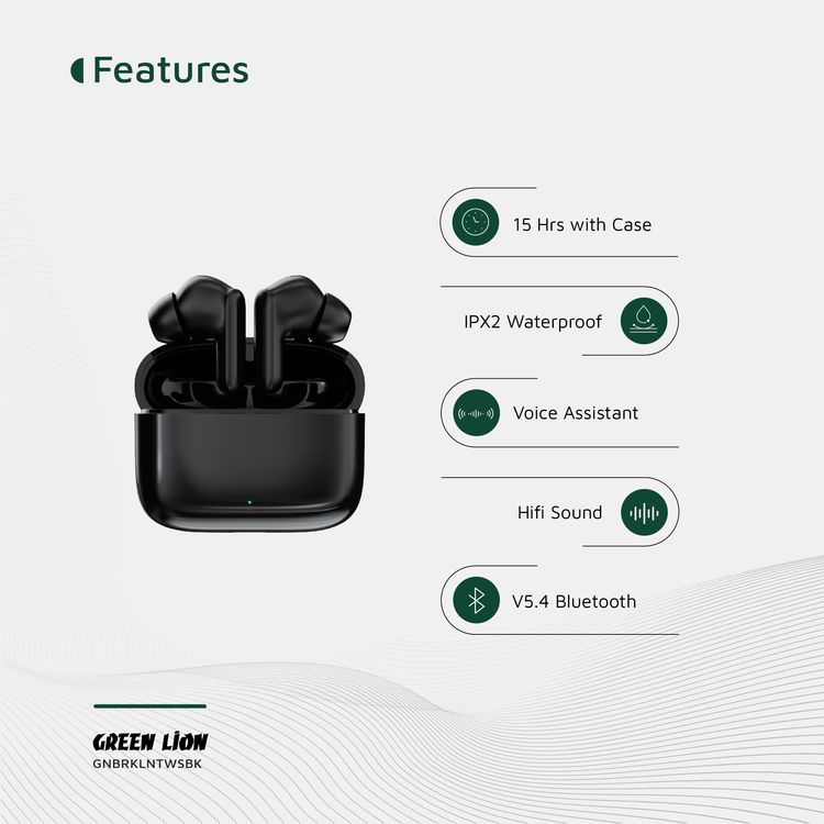 Green Lion Brooklyn True Wireless Earbuds with Voice Assistant, 4 Hours Playtime, Built-in Microphone, HiFi Sound, Touch Control, Dual-Mic - Black