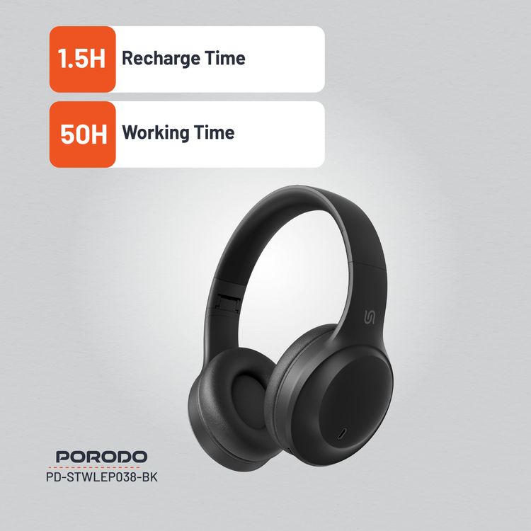 Porodo Soundtec Wireless Headphones with 400mAh Battery Capacity, 1.5 Hours Recharge Time, Up to 50 Hours Working Time, Type C Charging Port, Bluetooth V5.4 - Black