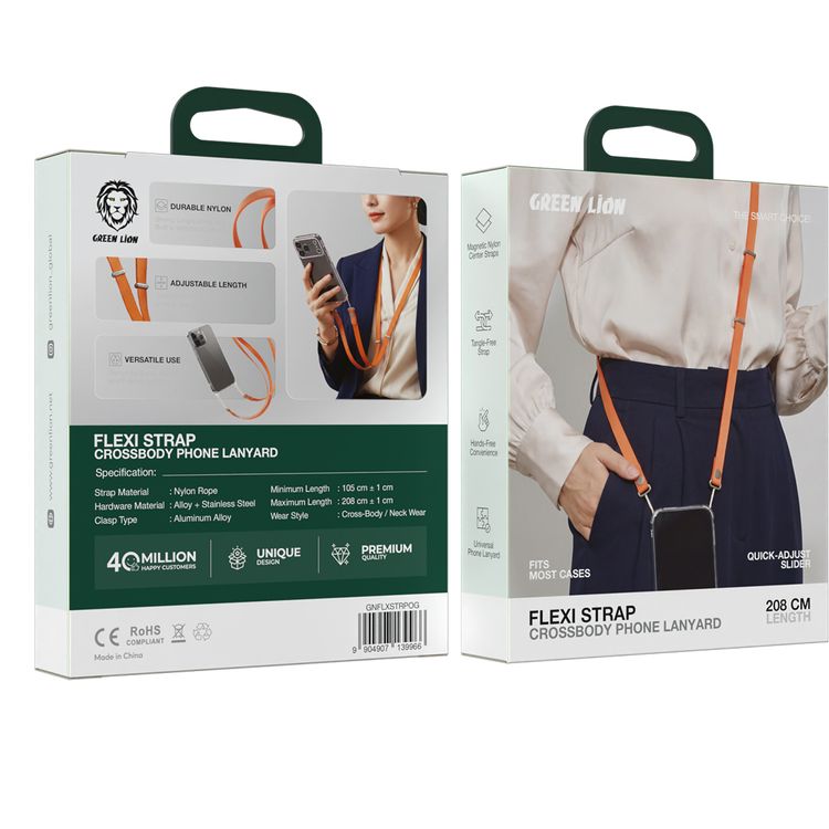 Green Lion Flexi Strap Crossbody Phone Lanyard with Magnetic Nylon Center Straps, Tangle-Free Strap, Hands-Free Convenience, Universal Phone Lanyard, Durable Nylon, Adjustable Length, Versatile Use, Quick-Adjust Slider - Orange