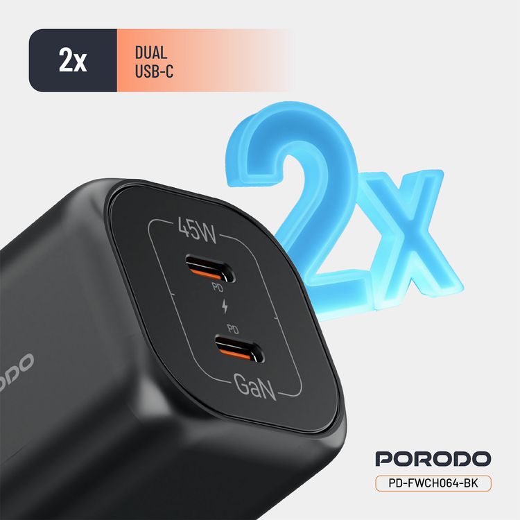 Porodo شاحن حائط سريع بمنافذ USB-C مزدوجة بقدرة 45 واط وتوصيل الطاقة، بتيار أقصى 0.5 أمبير، مزود بحمايات مدمجة، قابس بثلاثة دبابيس للمملكة المتحدة، شحن متزامن، بتقنية GaN - أسود