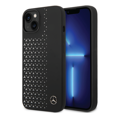 Mercedes-Benz Liquid Silicone Case with Gradient Star Horizontal Pattern iPhone 14 Compatibility - Black