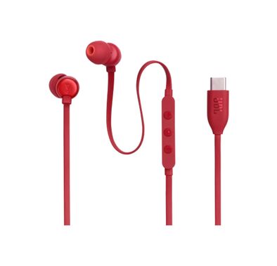 JBL T310C USB-C Wired Earphones, High Resolution Audio, Tangle-Free Flat Cable, Digital to Analog Converter, Compatible with PCs/Mobiles/Gaming Consoles, Pure Bass Sound - Red 