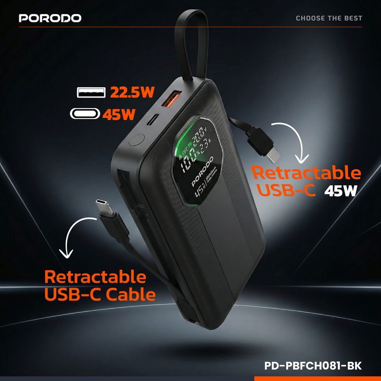 Porodo 20000mAh Power Bank with Retractable & Detachable Type-C Cables, 45W Power Delivery, 22.5W QC Output, LED Power Info Display, Multi-Device Charging - Black