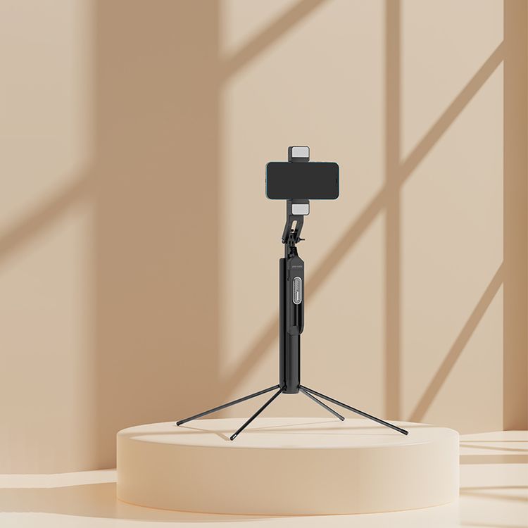 Porodo Media Pod with Folding Quadpod, 360° Tilt & Rotation Handle, 185cm Extendable Height, Dual Detachable Lights, Remote Control, Re-Chargeable Battery, Metal + ABS & Aluminum Material, Bluetooth Version 5.2, 55mAh Battery Capacity,4.7"-7" Mobile Compatibility - Black