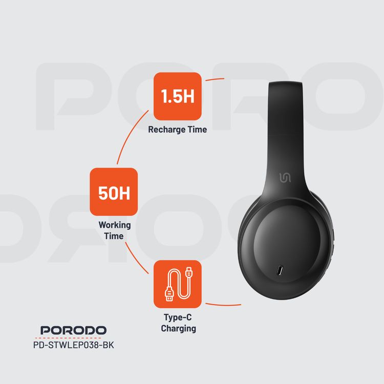  Porodo Soundtec Wireless Headphones with 400mAh Battery Capacity, 1.5 Hours Recharge Time, Up to 50 Hours Working Time, Type C Charging Port, Bluetooth V5.4 - Black