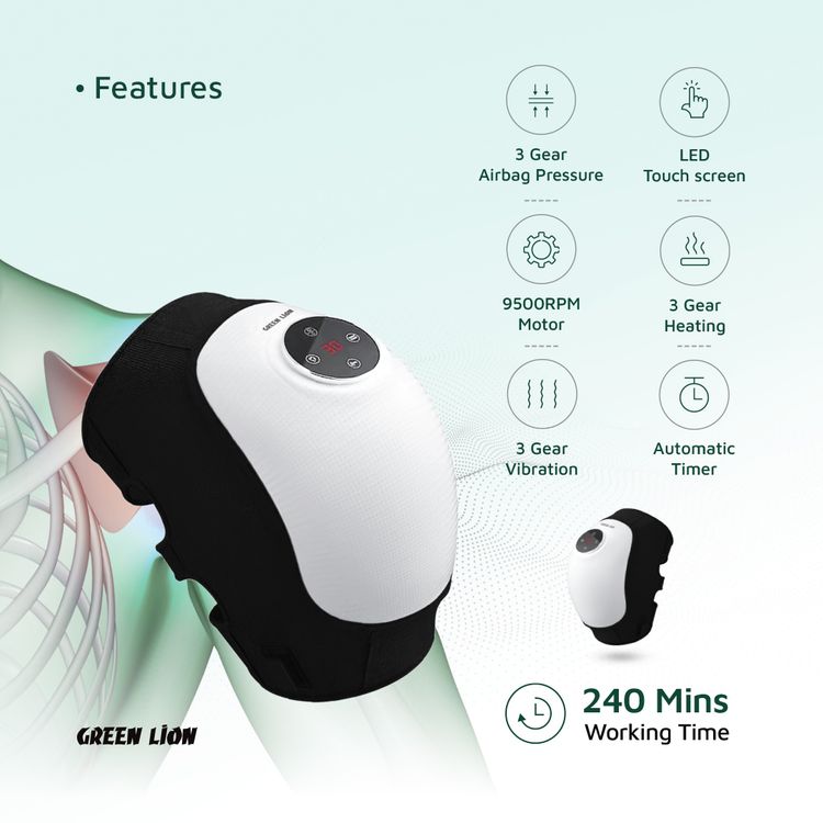 Green Lion Ergonomic Joint Massager with 3 Heating & Vibration Gears, 4 Hours Working Time, 45-55°C Temperature Range, 9500rpm Motor Speed, Suitable for Shoulders, Knees & Elbows - White