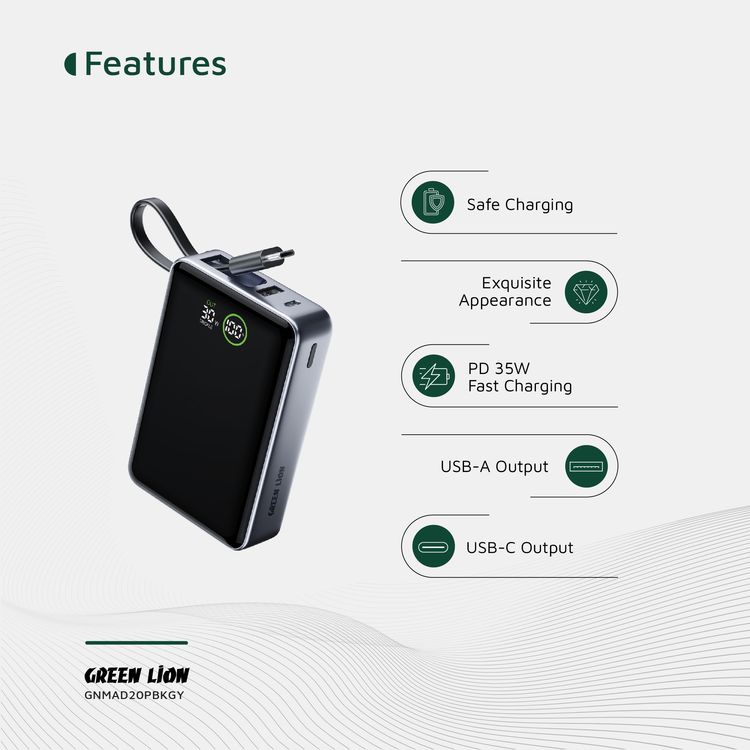Green Lion Madrid 20 Power Bank 20000mAh with Built-in 20cm Type-C Cable, 35W Power Delivery, Real-Time Digital Display, 22.5W USB-A Output, Trickle Charging Mode, Safe Charging - Gray