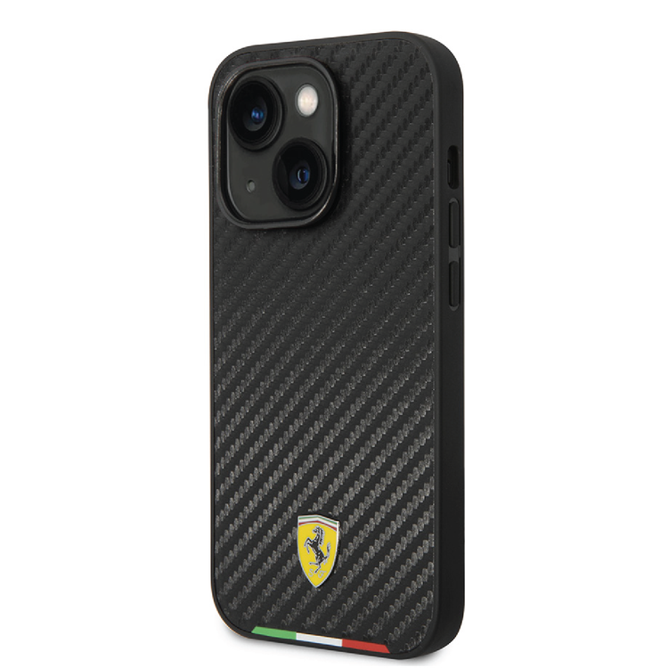 Ferrari HC PU Carbon Effect Case with Italian Flag Line iPhone 14 Plus Compatibility - Black