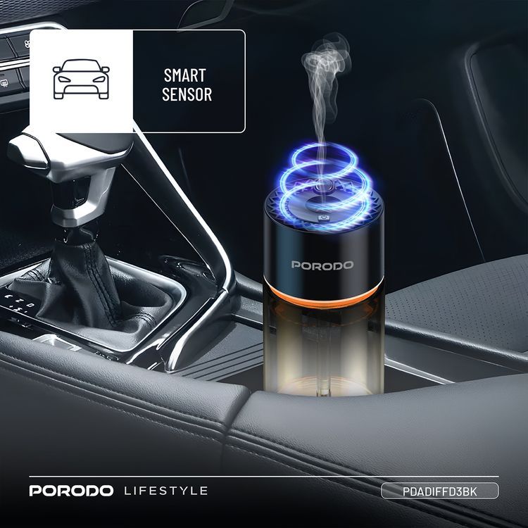Porodo Valencia Smart Aroma Diffuse with Ambient Lighting, 120mL Bottle Capacity, 300mAh Battery Capacity, Type-C Charging Port, Smart Sensor, 5 Spray Modes - Black