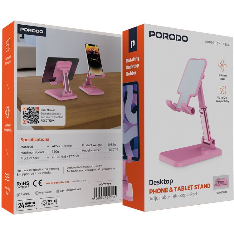 Porodo Desktop Phone & Tablet Stand with Adjustable Telescopic Rod, Up to 12.9-inch Compatibility, 360° Rotating Base, 350g Maximum Load, Anti-Slip Base, ABS & Silicone Materials - Pink