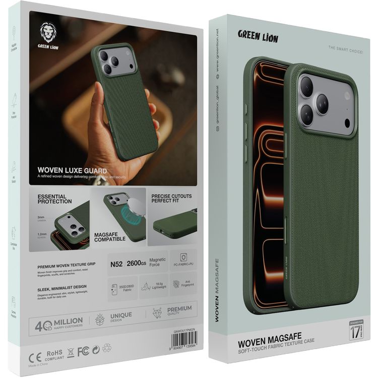 Green Lion WOVEN MagSafe Case for iPhone 17 Pro Max, Anti-Scratch, Drop Protection, Comfortable Grip, Anti-Fingerprint, Essential Protection, Precise Cutouts, Perfect Fit, 350D/280D Fabric - Green