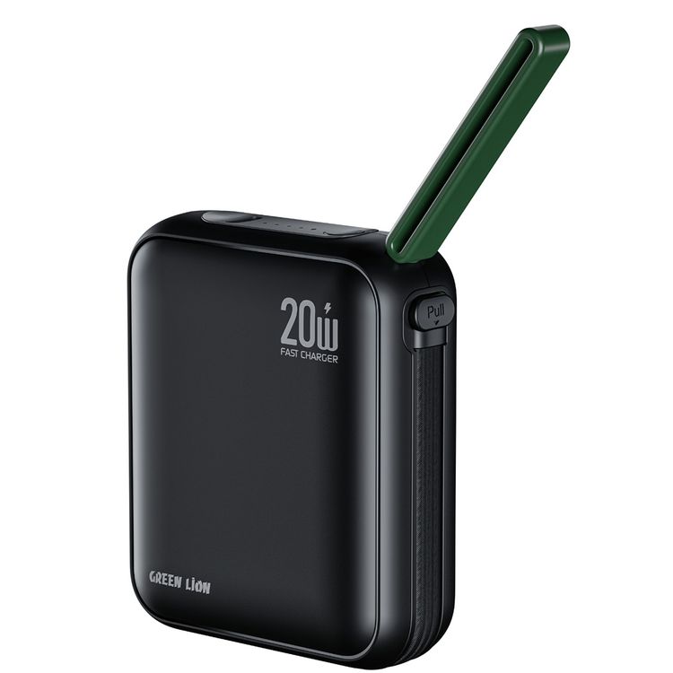 Green Lion Soho Power Bank 10000mAh with PD 20W Fast Charging, Flight Approved, Type-C Input/Output Port, LED Battery Indicator, Easy-Carry Lanyard, Detachable Type-C Cable, Safety Protections - Black