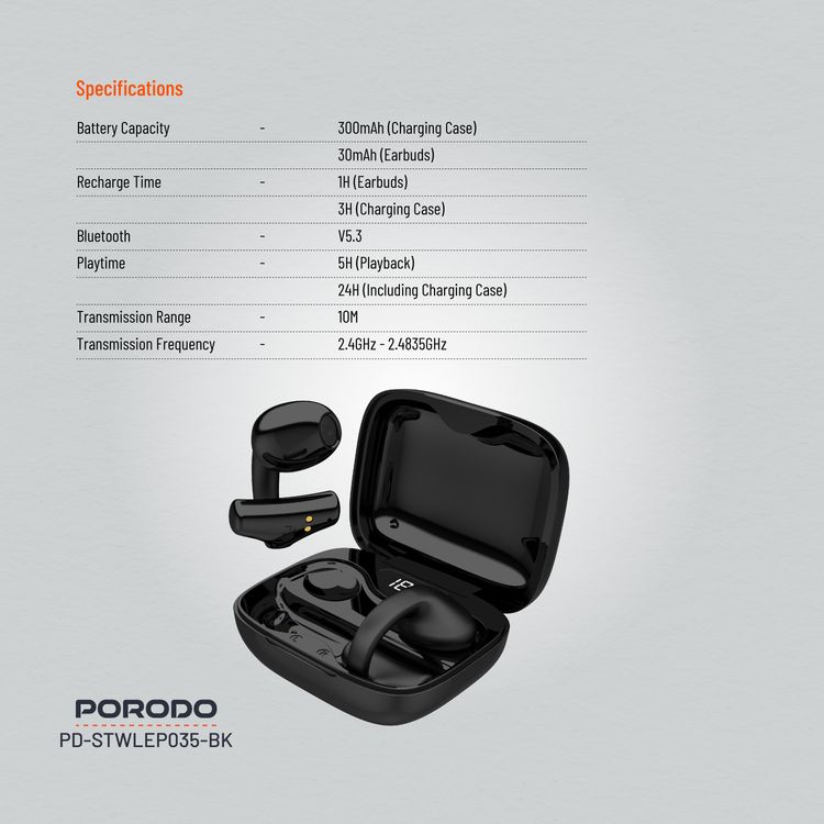 Porodo Soundtec TWS Ear Clip, 10m Transmission Range, Bluetooth V5.3, Up to 24 Hours Play Time, 300mAh Battery Capacity - Black