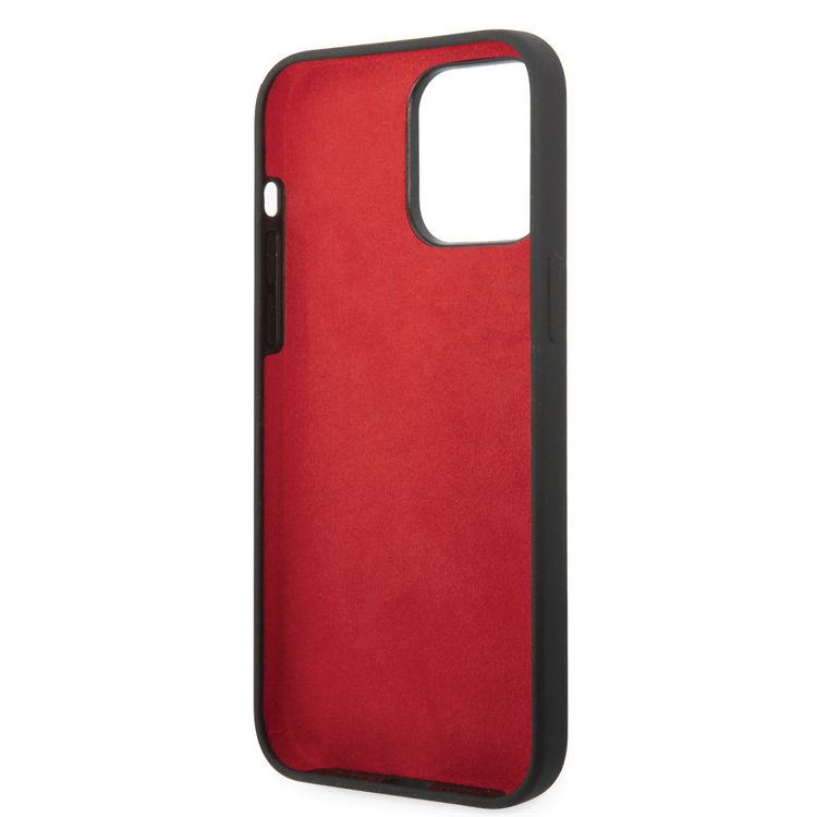 Ferrari Liquid Silicone Case with Black Camera Outline & Metal Logo iPhone 14 Pro Max Compatibility - Black