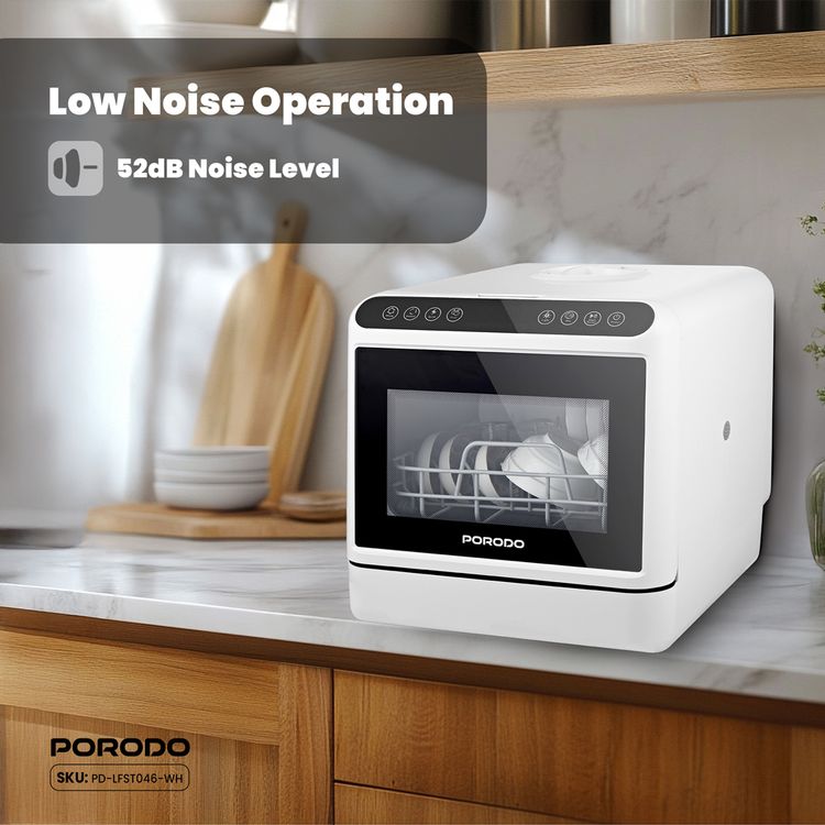 Porodo Lifestyle Counter-Top Dishwasher 220V, 5L Water Tank Capacity, 25L Space Capacity, Hot Air Drying, Hygienic Cleaning Power, UV Sterilization - White