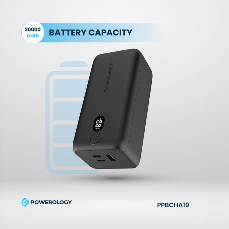 Powerology 20000mAh 65W Onyx Power Bank, Overcharging Protection, USB-A & x2 USB-C Output, LED Display, Fast Charging, Compatible With Laptop  - Black