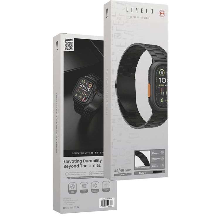 Levelo Monet Stainless Steel Watch Strap with Adjustable Links for Apple Watch 49/46mm, Hypoallergenic Material, 24/7 Wearability, Anti-Oxidation Technology, Compatible with SE, Series 9, 8, 7, 6 & 5 - Black