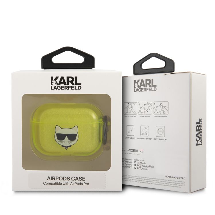 CG MOBILE Karl Lagerfeld TPU Choupette Fluo Case with Ring for Apple Airpods Pro, Scratch & Drop Resistant, Dustproof & Absorbing Protective Silicone Cover Officially Licensed Yellow
