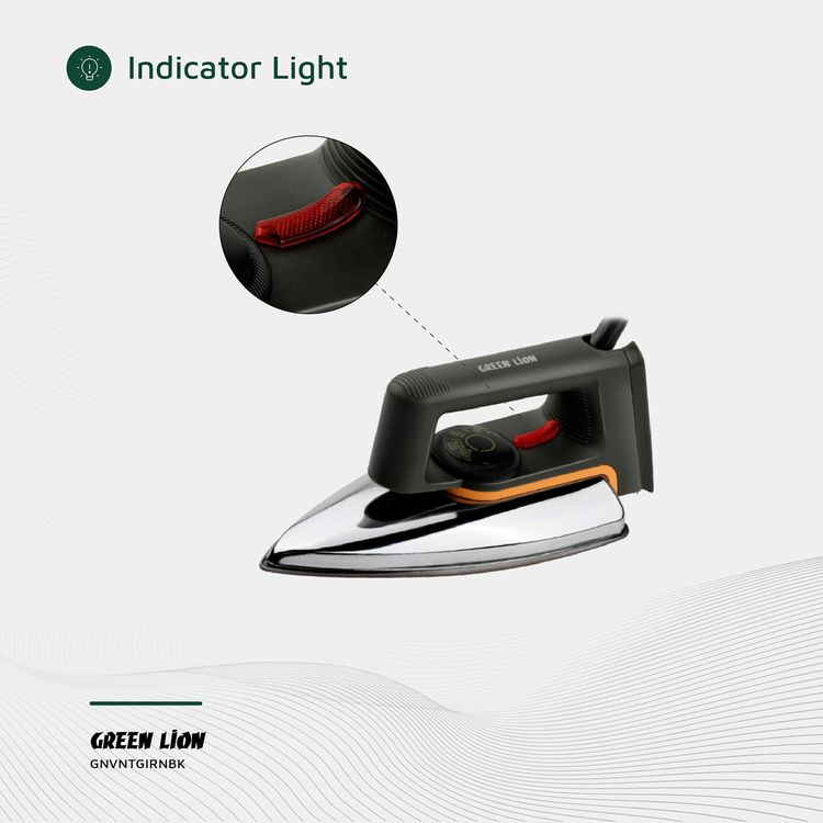 Green Lion Vintage Iron with 1000W Rated Power, Adjustable Thermostat, Indicator Light, Dry Function, Non-Stick Sole Plate, Overheat Protection - Black / Silver