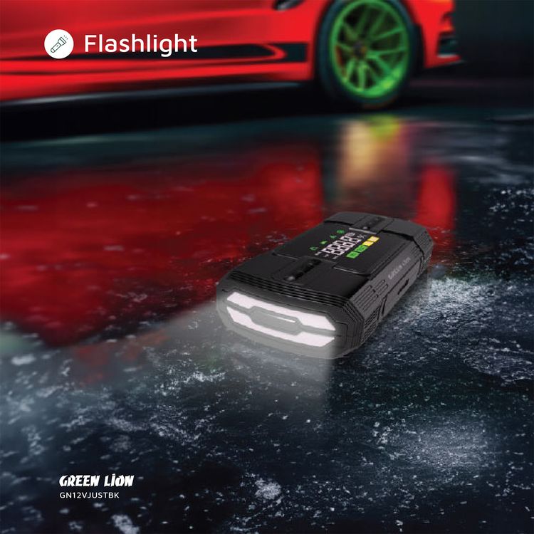 Green Lion 12V Jump Starter with 12000mAh Battery Capacity, 4 Modes Inflation, Safety Protection, Wide Compatibility, Digital Display, 2 USB-A Ports, 44.4W Power  - Black