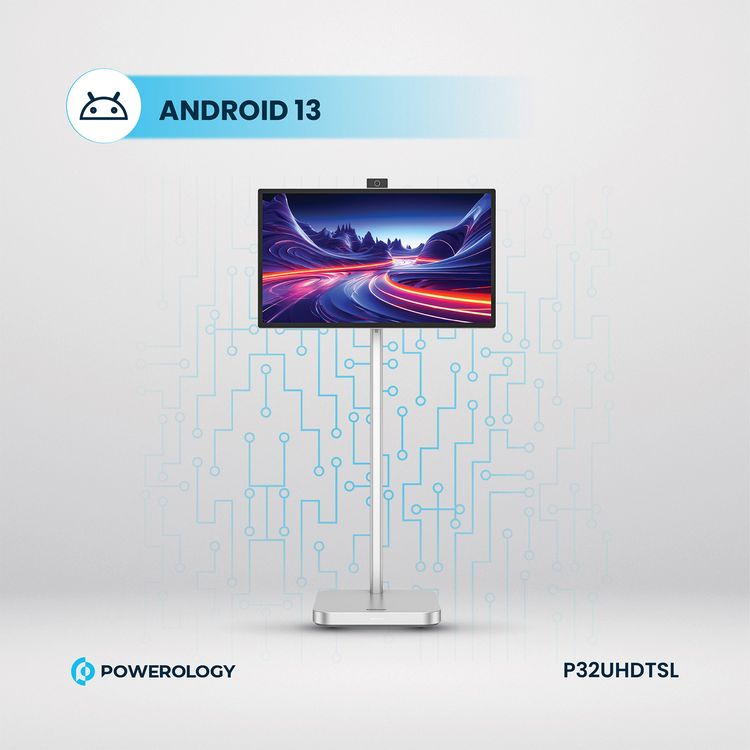 Powerology 32" Google 4K Screen with 4K Camera, 8GB RAM, 128GB Memory, 9800mAh Battery, 16.7M Colors, Android 13, 4 Hours Working Time, Dual 10W Speakers, 2.5 Hours Charging Time - Silver