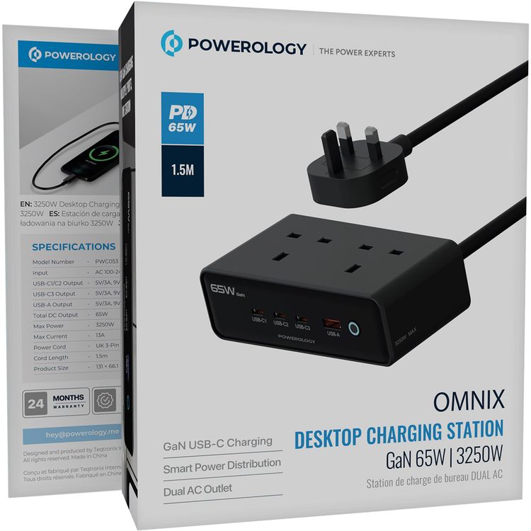 Powerology Omnix Desktop Charging Station with Dual AC Outlets, USB-A & 3 USB-C Ports, 3250W Max Power, 65W DC Output, UK 3-Pin Plug with 1.5m Length, GaN Technology, Built-in Safety Features - Black