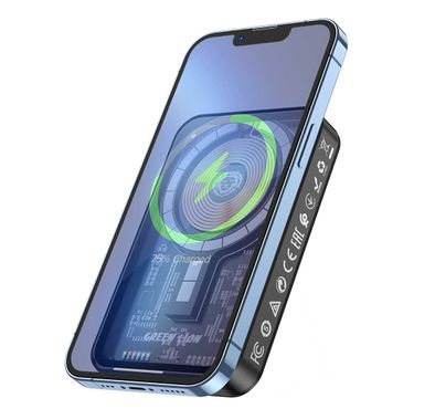 Green Lion 3 in 1  Transparent Magsafe Power Bank, 15W Wireless Output, 5000mAh, PD 20W, Wireless & Type C Output with Leather Stand - Black