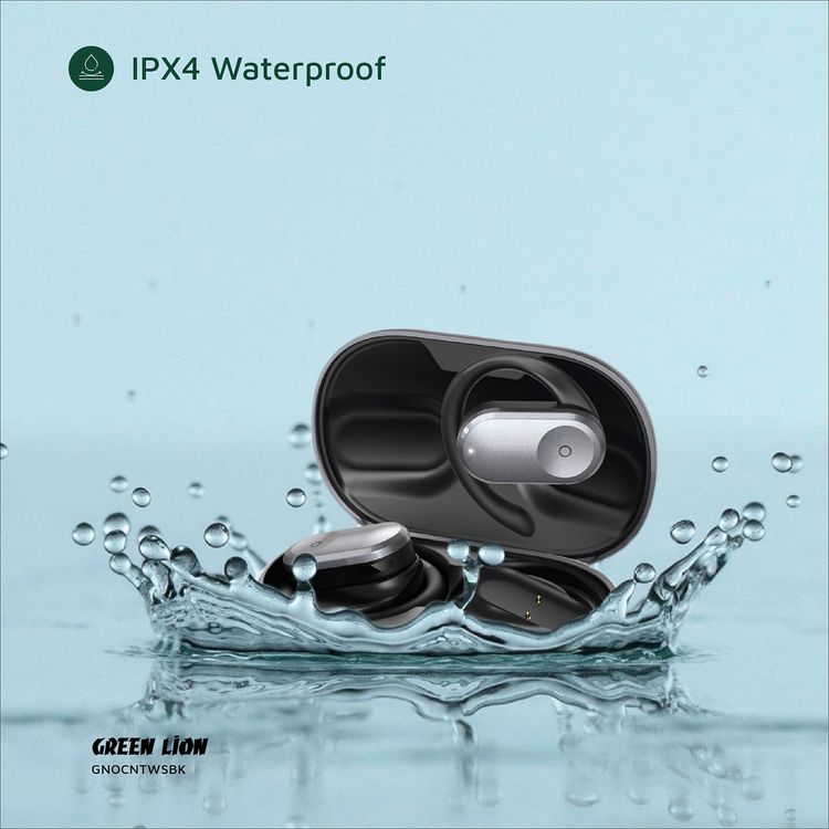 Green Lion Ocean Open-Ear Earbuds with Open-Ear Design, Up to 6 Hours Playtime, 135° Free Rotation, Game Mode, Low Latency, 180 Hours Standby Time, IPX4 Waterproof - Black