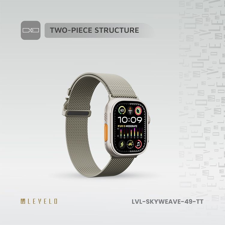 حزام ساعة Levelo SkyWeave، متوافق مع الساعات الذكية 49/46 ملم وساعة Apple Watch SE، السلسلة 9، 8، 7، 6، 5، هيكل من قطعتين، مقاوم للماء، للارتداء على مدار الساعة طوال أيام الأسبوع - التيتانيوم