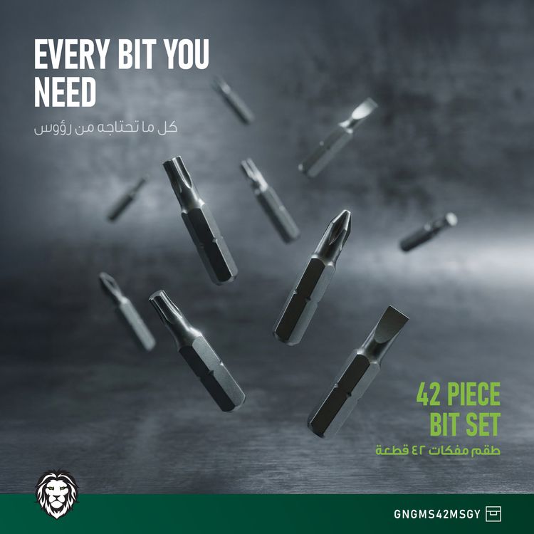 Green Lion GMS-42 Manual Screwdriver with 42 Pieces Precision CR-V Bit Set, Aluminum Alloy Handle, Push-Release Storage Case, Quick-Swap Bit Change, Magnetic Storage Case, 4mm Hex Shank, 28mm Precision Bits, 360° Swivel Rotation Cap - Gray