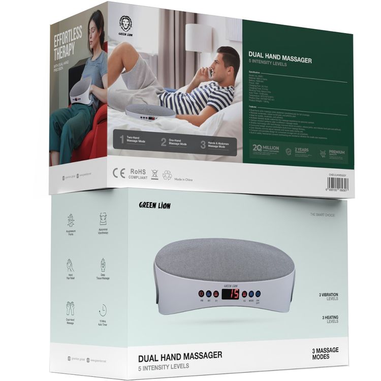 Green Lion Dual Hand Massager with 5 Intensity Levels, 10W Power, 3 Heating Levels, 15 Minutes Auto Timer, 2 Hours Working Time, 4000mAh Battery - Gray