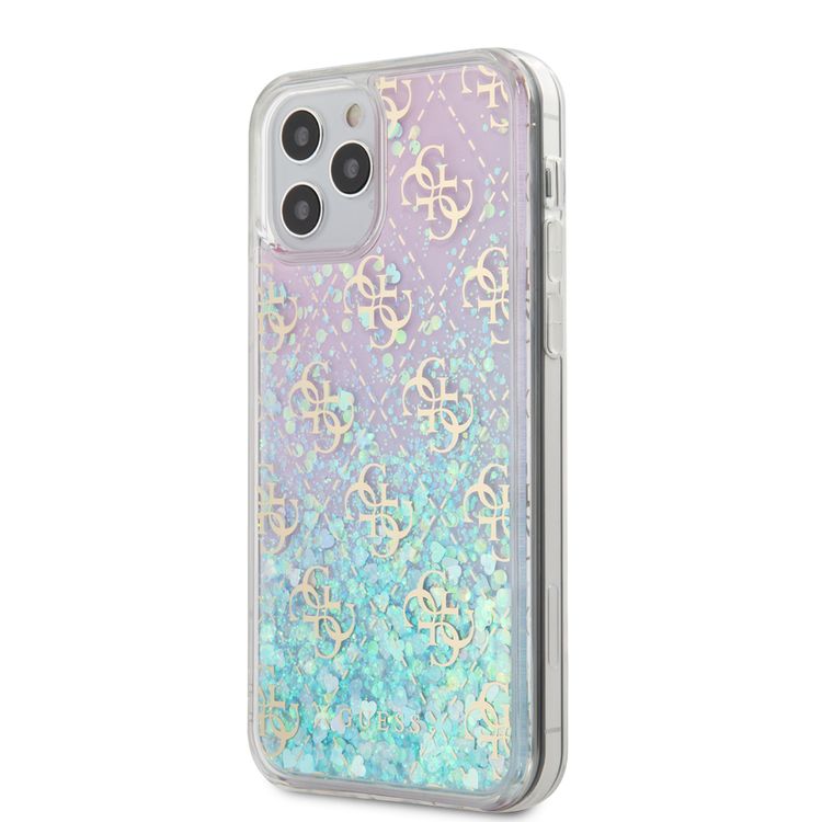 CG MOBILE Guess Liquid Glitter 4G Pattern Pink Background Phone Case for iPhone 12 / 12 Pro (6.1") Drop Protection Mobile Case Officially Licensed - Iridescent