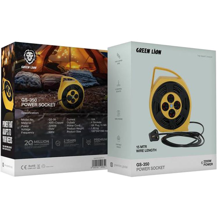 Green Lion GS-350 Power Socket with Wire Storage, Portable Handle, Pure Copper Wire, 2200W Power Delivery, 4 Universal Sockets, 15m Wire Length - Yellow