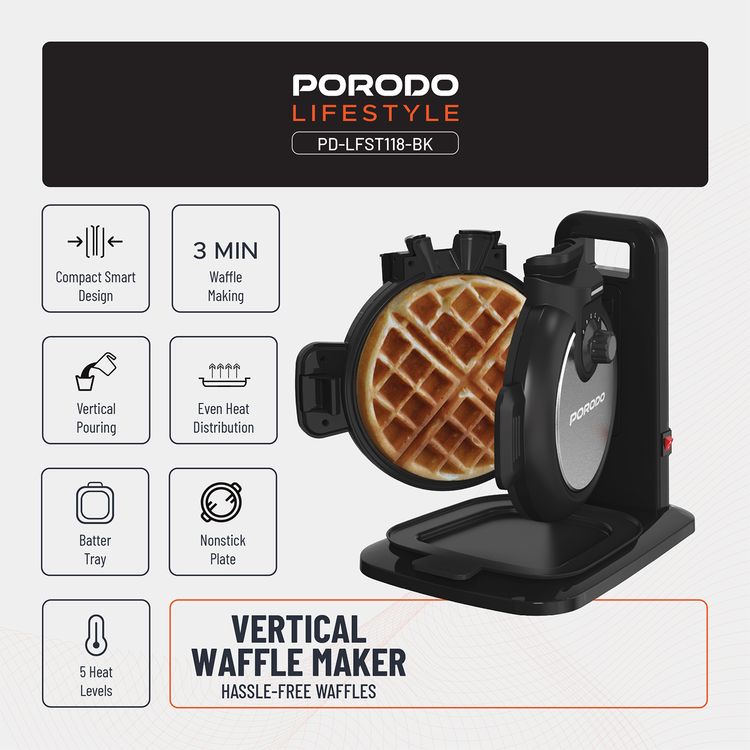 Porodo Vertical Waffle Maker with 5 Heat Levels, 210ml Capacity, 800W Power, Up to 5:30 Minutes Waffle Making Time, Non-Stick Plate, Batter Tray - Black
