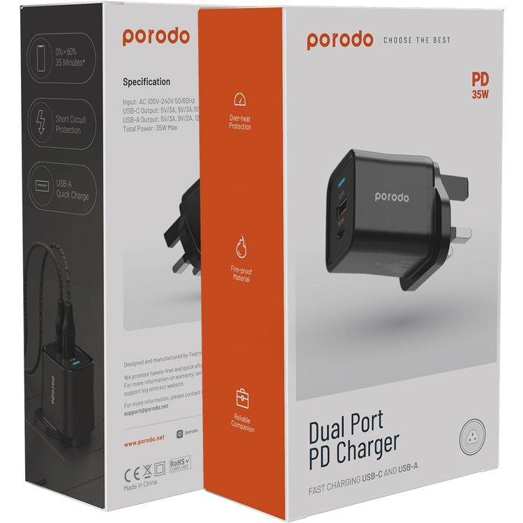 Porodo Dual Port PD Charger with Fast Charging USB-C & USB-A Outputs, 35W Power Delivery, 18W USB-A Output, Overheat Protection, UK 3-Pin Plug - Black
