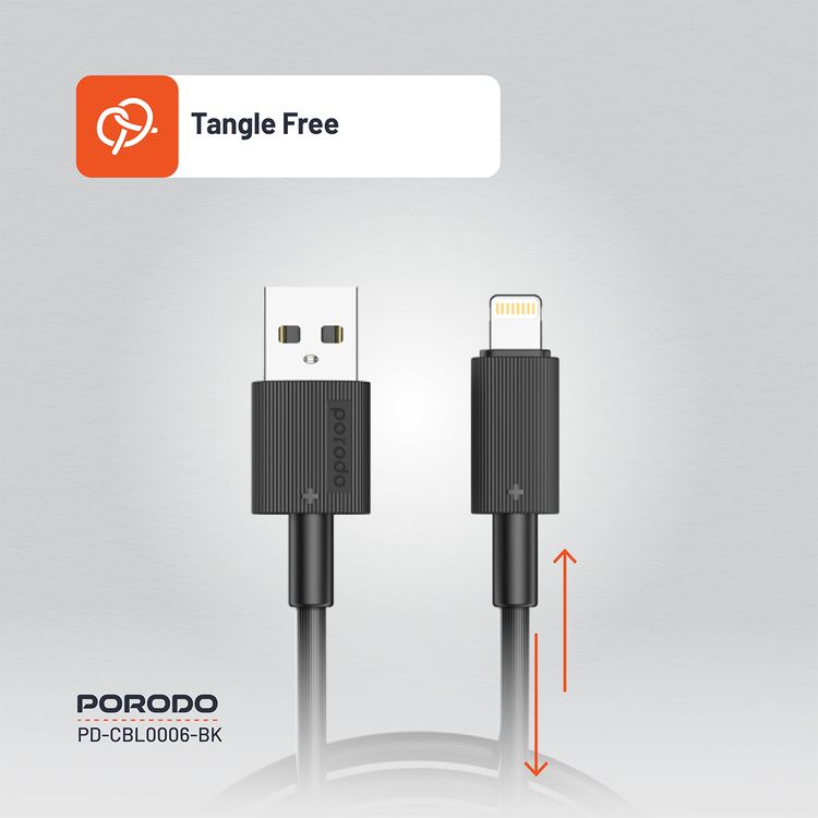 Porodo USB A to Lightning PVC Cable 3m, 480Mbps, 2.4A, more than 15000 Bends Life Span, Tangle Free - Black