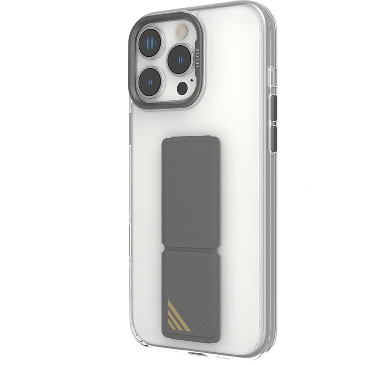 Levelo Morphix Clara Case for iPhone 16 Pro, Hybrid Material, Impact-Resistant Corners, Built-in Leather Grip, Metal Camera Ring - Gray