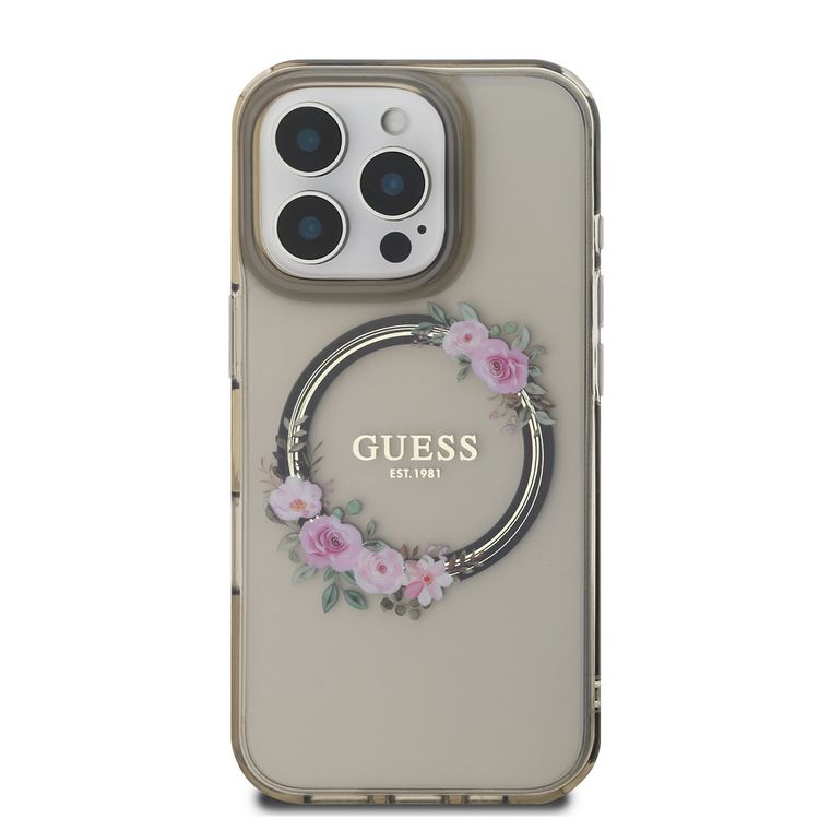Guess Magsafe IML Hard Case with Flower Wreath Design for iPhone 16 Pro Max, Lightweight, Comfortable and Secure Grip, High Quality Material - Black