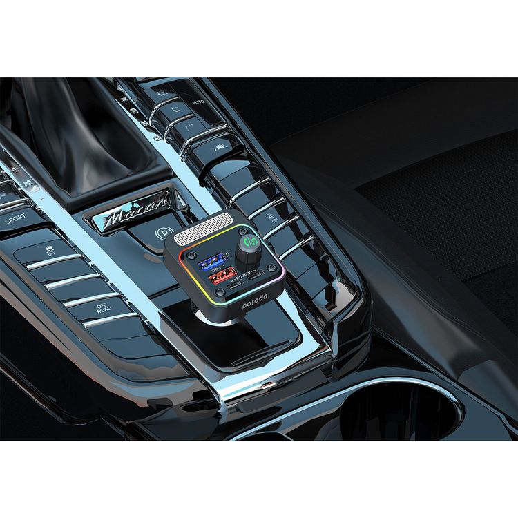 Porodo 3-in-1 FM Car Charger with 36W Power Delivery, 10m Bluetooth Range, Built-in Microphone, Multi-Port Charging, Up to 32 GB USB Flash Drive - Black