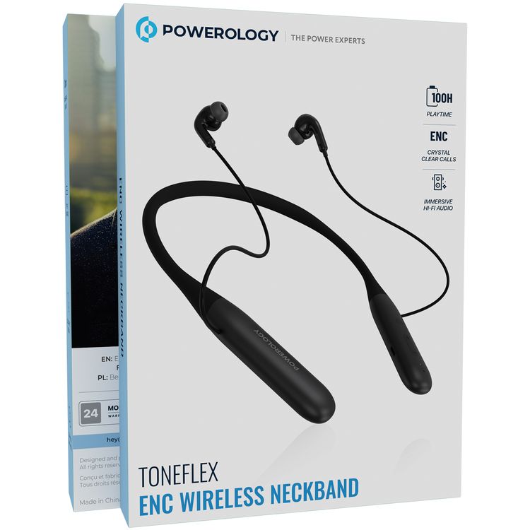 Powerology ToneFlex ENC Wireless Neckband Earphones with Immersive Hi-Fi Audio, Up to 90 Hours Talk Time & Up to 100 Hours Play Time, 850mAh Battery, 13mm Speaker Size, Seamless Dual-Mode, Secure-Fit Design - Black