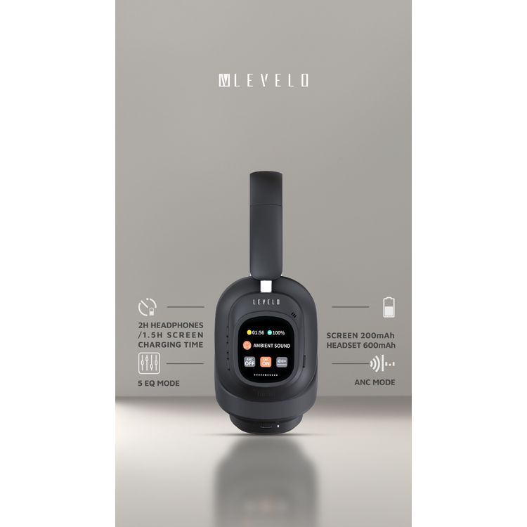 Levelo VibeMaster Wireless Hybrid ANC Headphones with Ultra-Soft Protein Leather, 1.2m AUX Cable, 2 Hours Charging Time, 600mAh Li-ion Battery, Dual Noise Detecting Microphones - Black