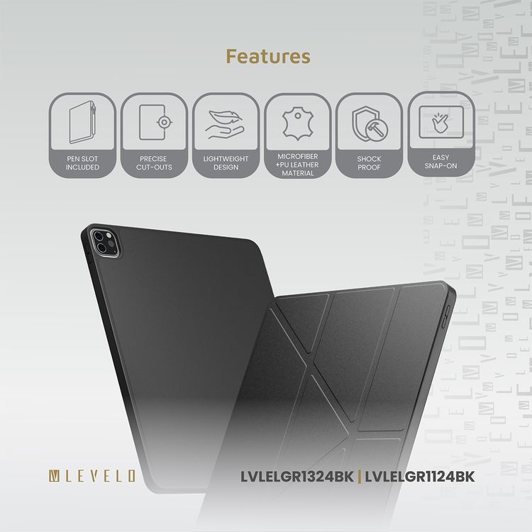 Levelo Elegante Hybrid Leather Case for iPad Pro 11" (2024), Vertical Orientation & Horizontal Positioning, Shock Absorbent Bumper Case, 360° Protection, Easy Snap-On, Accurate Cut-Outs - Black
