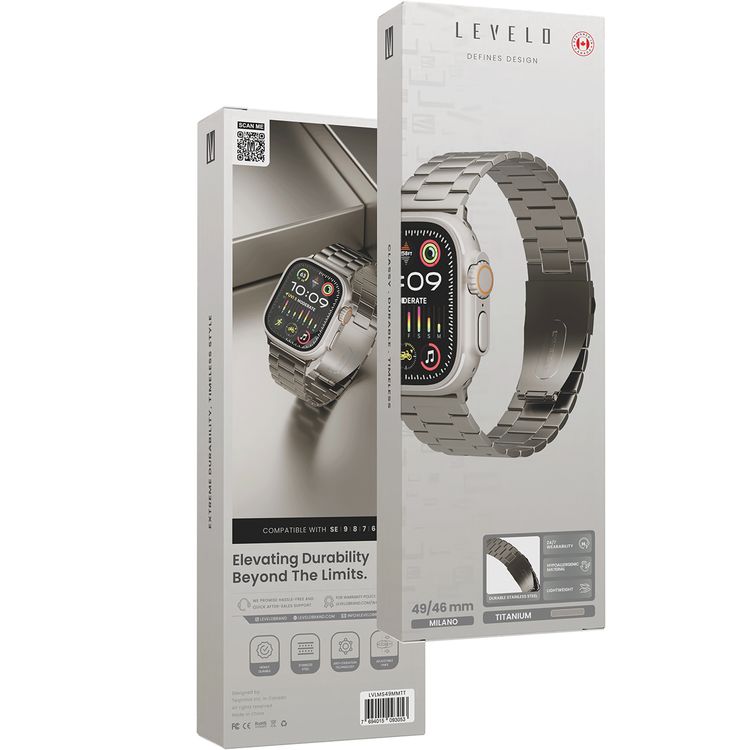 Levelo Monet Stainless Steel Watch Strap with Adjustable Links for Apple Watch 49/46mm, Hypoallergenic Material, 24/7 Wearability, Anti-Oxidation Technology, Compatible with SE, Series 9, 8, 7, 6 & 5 - Titanium