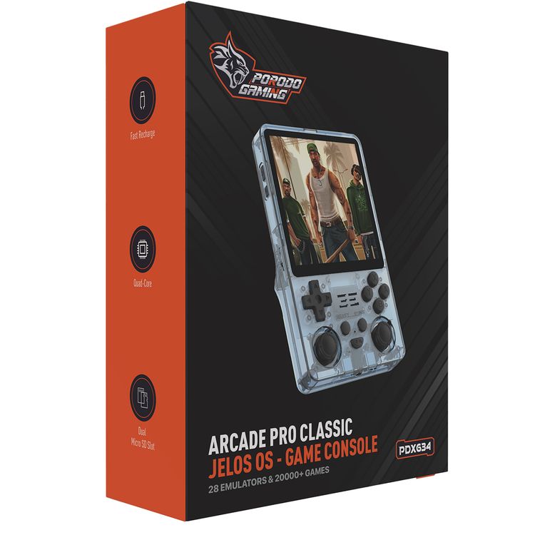 Porodo Gaming Arcade Pro Classic JELOS OS Portable Game Console with 4" IPS Display, Wi-Fi 2.4GHz, 3.5mm Audio Jack and Dual Micro SD Slot - Blue