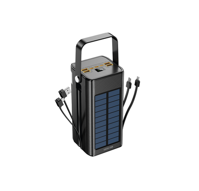 بنك طاقة Green Lion Solar X بسعة 100000 مللي أمبير في الساعة مع طاقة PD بقوة 20 واط، يدعم الشحن بالطاقة الشمسية، يحتوي على كابلات مدمجة، مزود بمقبض محمول، 4 منافذ إخراج USB-A، منفذ USB-Micro، منفذ إدخال وإخراج Lightning، منفذ إخراج USB-A2/A3/A4، - باللون الأسود.